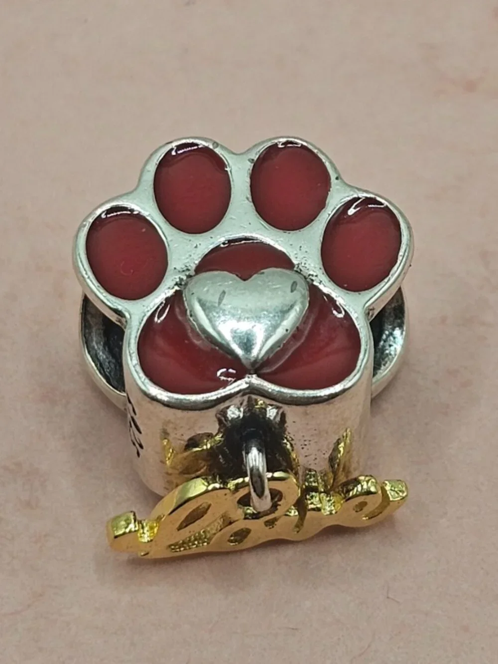 Sterling Silver 925 Rhodium Plated Red Paw with Heart and Dangling Love Charm
